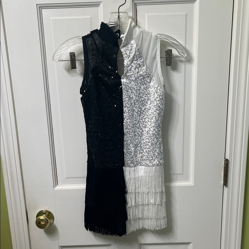Flapper Dress Halloween Costume Black and White Fringe Sequins Bodysuit